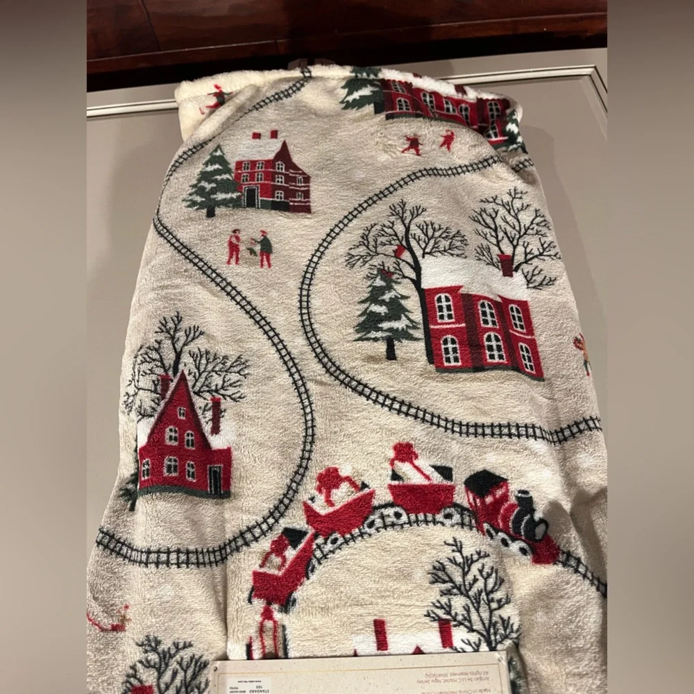 Fur & Fawn Christmas Throw Blanket - Red and Cream Train